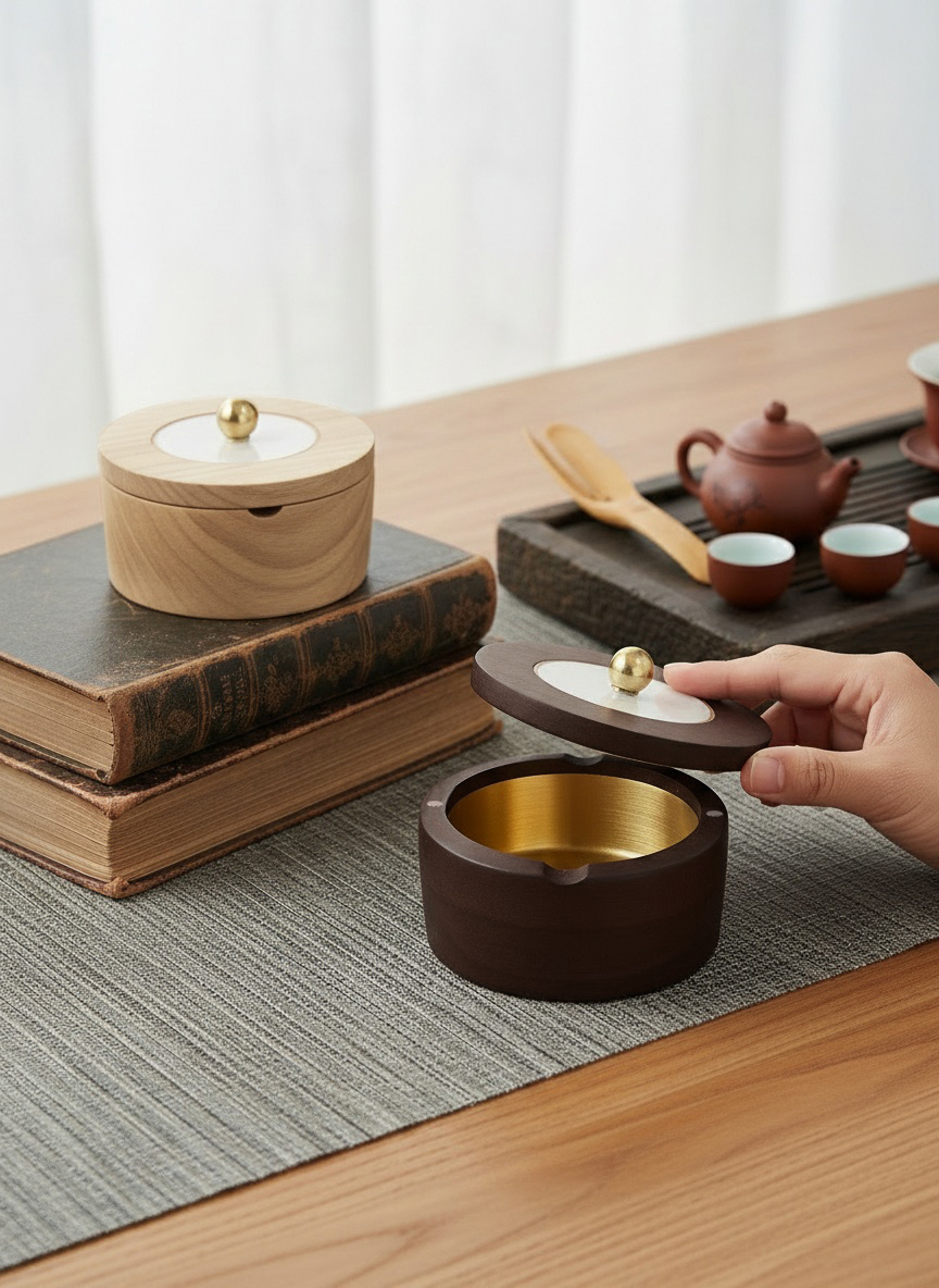 圆形创意实木烟灰缸 